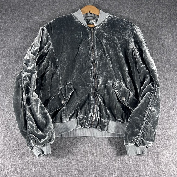 Free People Jackets & Blazers - Free People Ruched Velvet Gray Bomber‎ Jacket Size Small City Preppy Metal